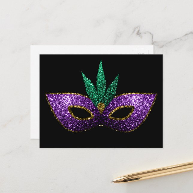 Cartão Postal Mardi Gras Mask Purple Green Dourado Sparkles blac (Frente/Verso In Situ)