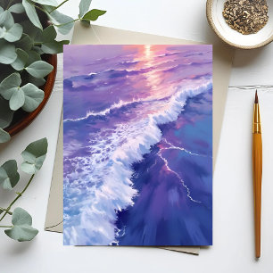 Cartão Postal Maré Roxa Pintura em Aquarela de Ondas do Oceano