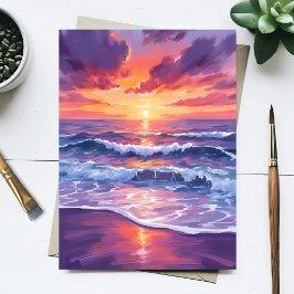 Cartão Postal Maré Violeta | Ondas do Oceano Pintadas ao Pôr do 