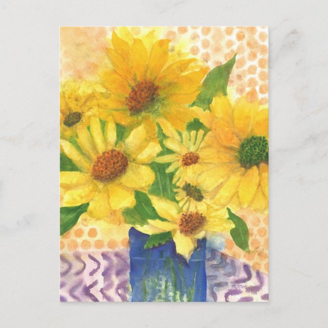 Cartão Postal margarida amarela no vaso azul (Frente)