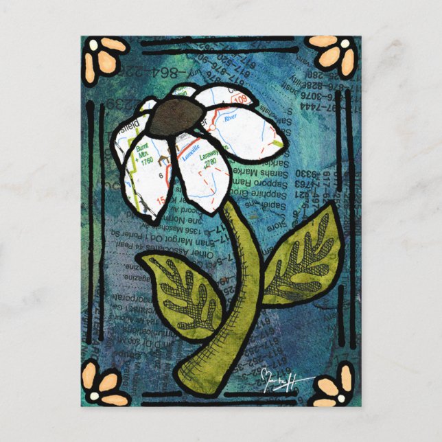 Cartão Postal Margarida Branca em Fundo Azul - Colagem (Frente)