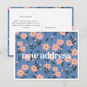 Cartão Postal Margarida Rosa Floral Azul Novo Endereço Mudamos