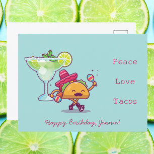Cartão Postal Margaritas & Tacos Coloridos Divertidos Feliz Aniv