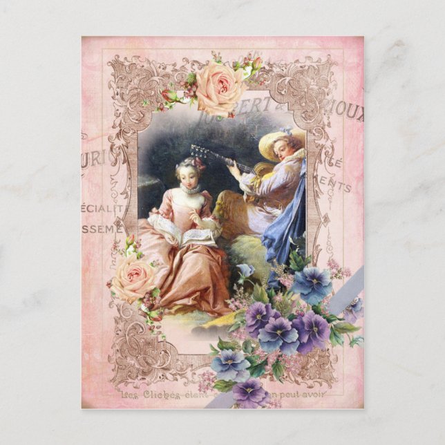 Cartão Postal Marie Antoinette,Paris,Rococo,amantes,rosa,picos (Frente)
