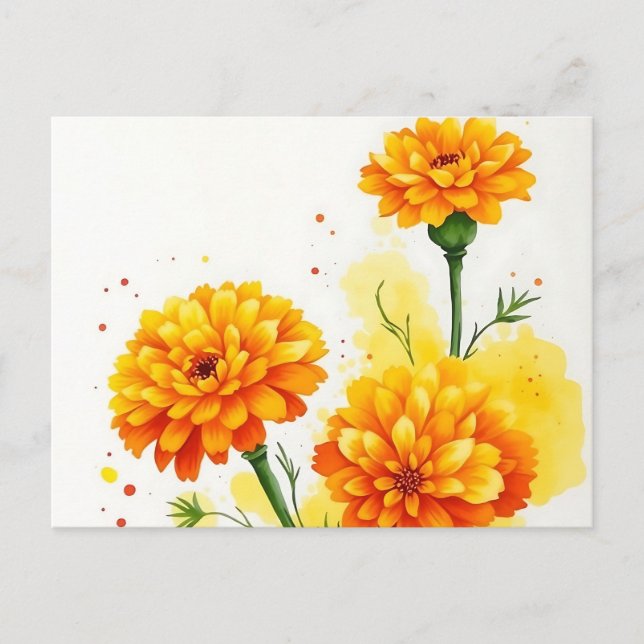 Cartão Postal Marigolds de Aquarela em Laranja e Amarelo (Frente)