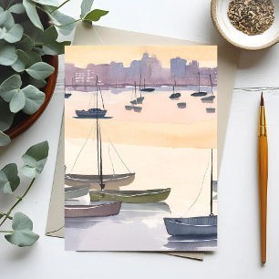 Cartão Postal Marina de Barcos Baía Oceânica em Aquarela
