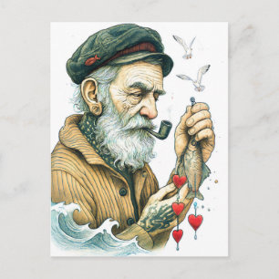 Cartão Postal Marinheiro com cachimbo e corações pequenos