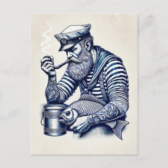 Cartão Postal Marinheiro com tubulação e peixe sob seu braço (Frente)