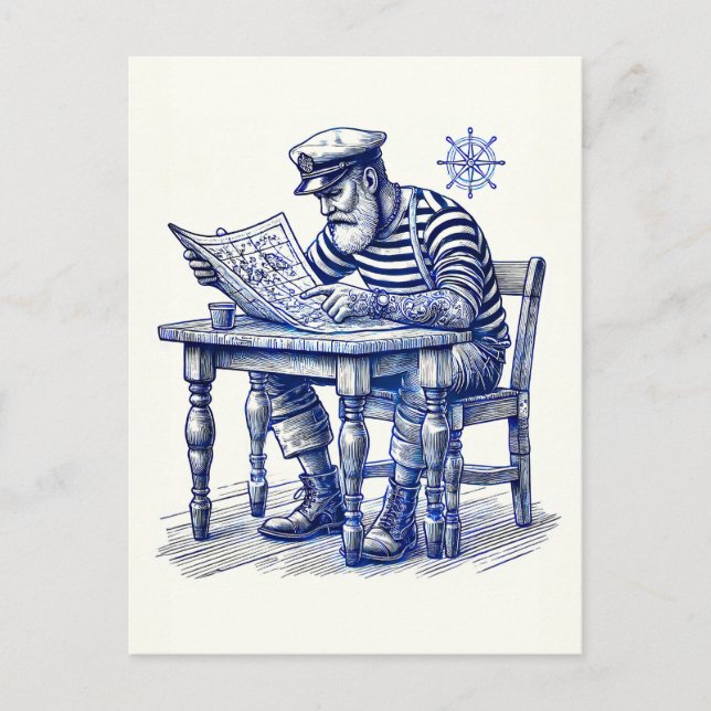 Cartão Postal Marinheiro Lendo um Jornal à Mesa (Frente)
