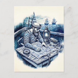 Cartão Postal Marinheiro Lendo um Mapa Náutico no Convés do Navi