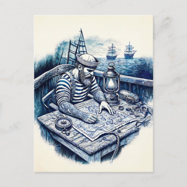 Cartão Postal Marinheiro Lendo um Mapa Náutico no Convés do Navi (Frente)