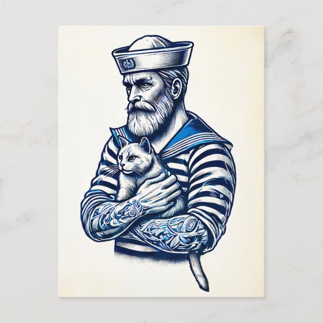 Cartão Postal Marinheiro segurando um gato em seu braço (Frente)