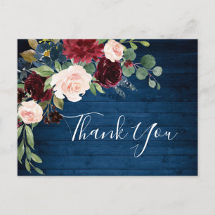 Cartão Postal Marinho Azul Blush Floral Obrigado
