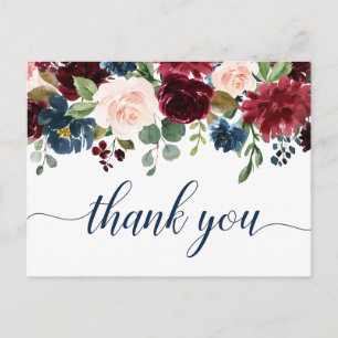 Cartão Postal Marinho Azul Blush Floral Obrigado