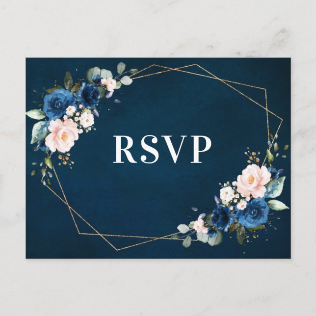 Cartão Postal Marinho Azul Blush Floral RSVP Geométrico (Frente)
