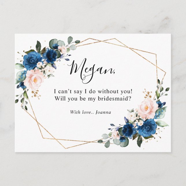 Cartão Postal Marinho Azul Blush Floral Você Será Minha Porta-Vo (Frente)