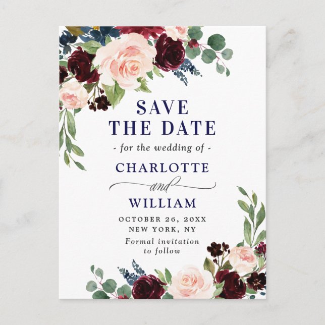 Cartão Postal Marinho Azul Blush Salva a Data (Frente)