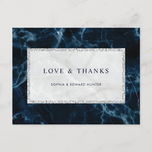 Cartão Postal Marinho Azul Casamento Branco Marble Obrigado (Frente)