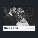 Cartão Postal Marinho Azul Da Tipografia Trazida Obrigado<br><div class="desc">Marinho de Tipografia Trazida Foto Azul Casamento Obrigado Cartão-Postal | obrigado fotográfico personalizável que você faz o cartão postal com marinho azul retro tipografia em negrito. Esse cartões de agradecimentos será perfeito para uma variedade de eventos, como casamentos e graduações. Personalize adicionando suas fotos horizontais favoritas. Disponível como uma placa...</div>
