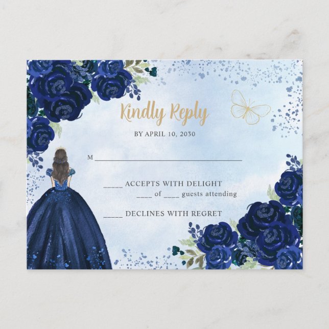 Cartão Postal Marinho Azul Dourada Princesa Floral Quinceañera R (Frente)