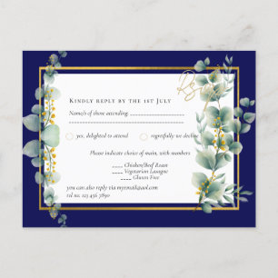 Cartão Postal MARINHO azul DOURADO Verde Eucalyptus Wedding RSVP