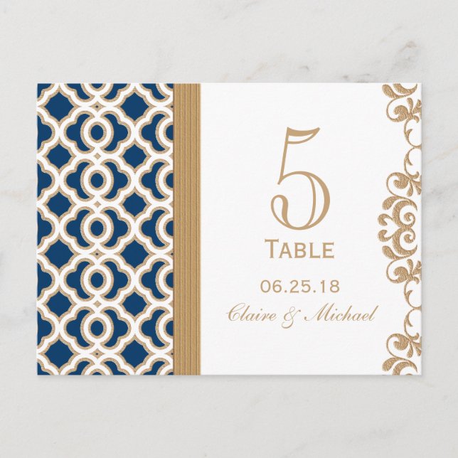 Cartão Postal Marinho Azul e Dourado Número da Tabela de Casamen (Frente)