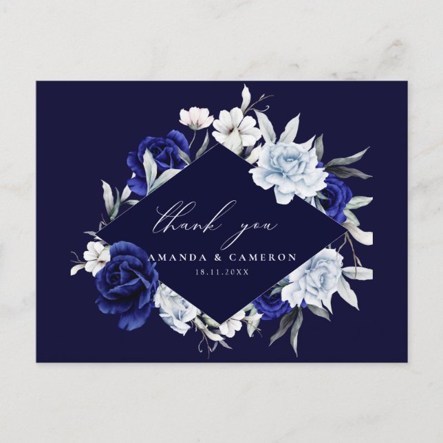 Cartão Postal Marinho Azul Elegante Casamento Floral Obrigado (Frente)