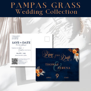 Cartão Postal Marinho Azul Pampas Grass Casamento Salvar Data
