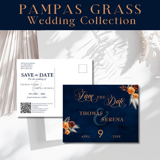 Cartão Postal Marinho Azul Pampas Grass Casamento Salvar Data (Criador carregado)