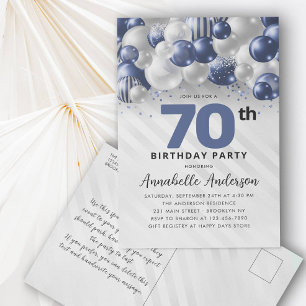 Cartão Postal Marinho Azul Prata Balão Brilhante 70 Aniversário