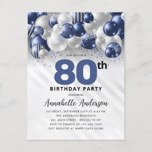 Cartão Postal Marinho Azul Prata Balão Brilhante 80 Aniversário