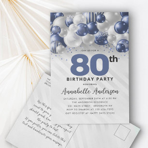 Cartão Postal Marinho Azul Prata Balão Brilhante 80 Aniversário