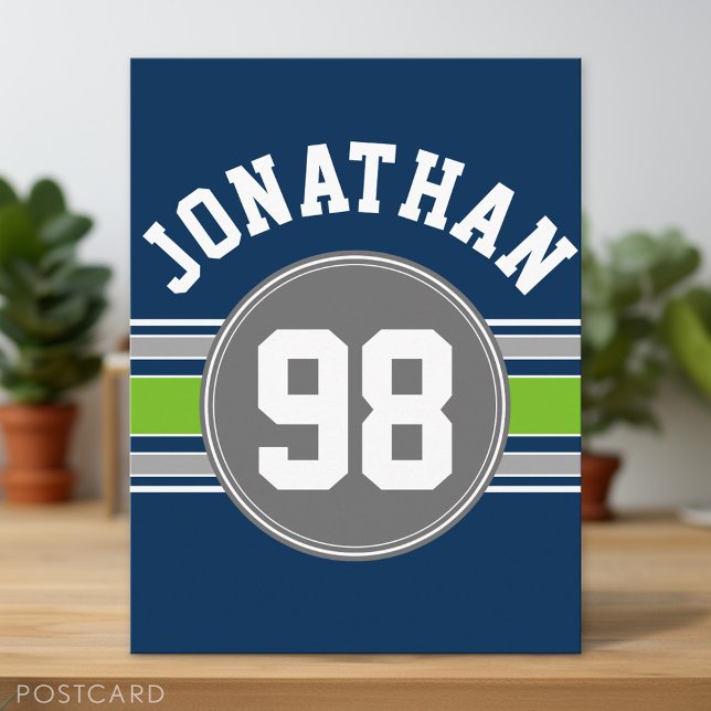 Cartão Postal Marinho azul Verde Sports Jersey Stripe Nome (Custom Postcard)