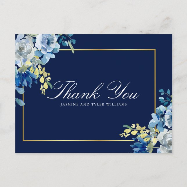 Cartão Postal Marinho Blue Dourado Floral Elegante Obrigado (Frente)