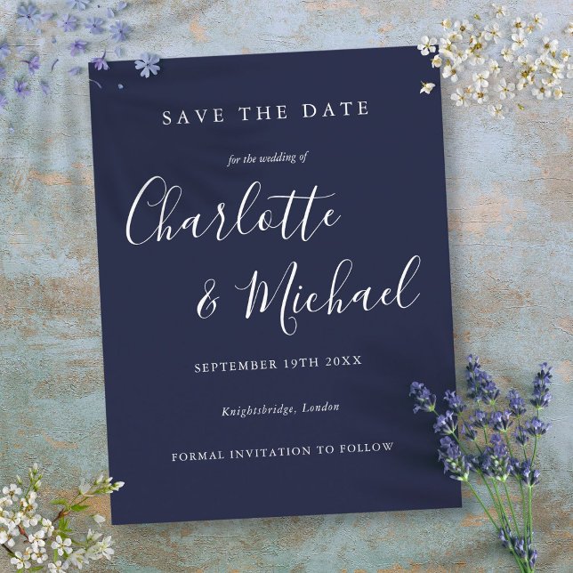 Cartão Postal Marinho Blue Signature Weding the Date Card (Navy Blue Signature Wedding Save the Date Card)