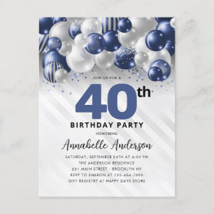 Cartão Postal Marinho Blue Silver Balloon Glitter aniversário d