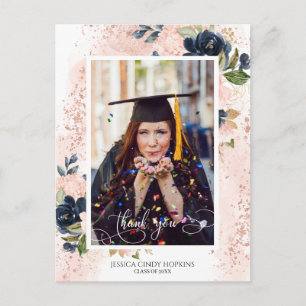 Cartão Postal Marinho Blush Floral Graduação Foto Obrigado