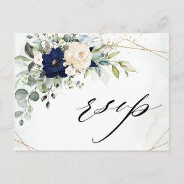 Cartão Postal Marinho Blush Floral Greenery Geométrico RSVP
