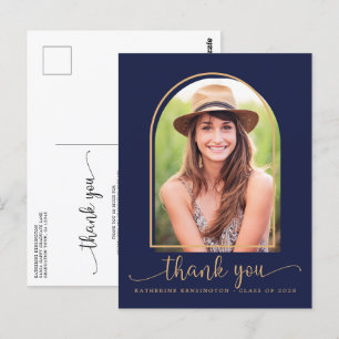 Cartão Postal Marinho Chic Blue Dourado Graduação de Foto Obriga