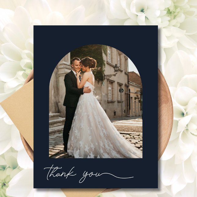 Cartão Postal Marinho de Foto em Arch Moderno - Obrigado (Modern Arch Photo Navy Wedding Thank You Postcard)