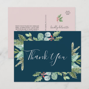 Cartão Postal Marinho de Natal Greenery & Berry Obrigado Cartão-