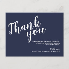 Cartão Postal Marinho de Script Moderno Casamento Azul Obrigado