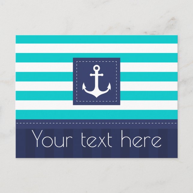 Cartão Postal Marinho de Turquesa Náutica Blue Striped Anchor Pe (Frente)