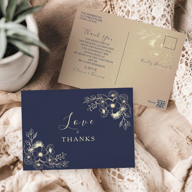 Cartão Postal Marinho Dourado Floral Casamento Azul Obrigado (Criador carregado)