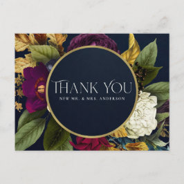 CARTÃO POSTAL MARINHO DOURADO RETRO BURGUNDY FLORAL WEDDING OBRI