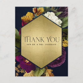 CARTÃO POSTAL MARINHO DOURADO RETRO BURGUNDY FLORAL WEDDING OBRI