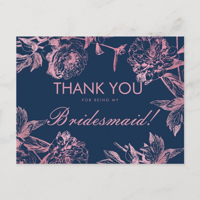 Cartão Postal Marinho Dourado Simples Bridesmaid Floral Obrigado (Frente)