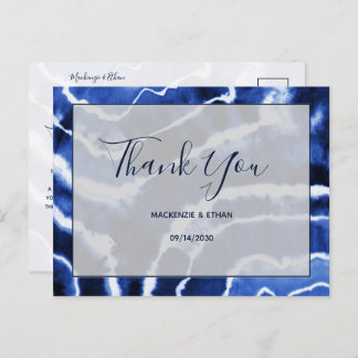 Cartão Postal Marinho Elegante Blue Marble Tie Dye Casamento Obr