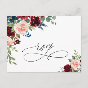 Cartão Postal Marinho Eucalyptus Rosas Casamento RSVP