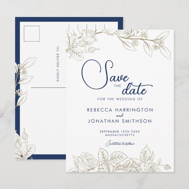 Cartão Postal Marinho Floral Azul Dourado Casamento Salvar Data (Frente/Verso)